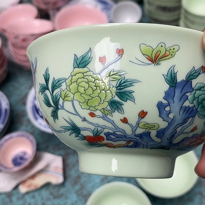 摆件陶绿稀土蝴蝶牡丹五寸碗