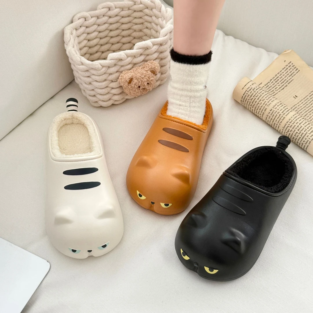 踩屎感可爱咖啡猫小众设计防水棉拖鞋女冬季居家外穿厚底加绒保暖