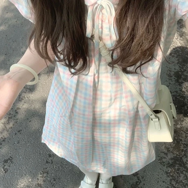 多巴胺蓝粉格纹春夏2025泡泡袖连衣裙娃娃领女可爱甜美小个子短裙