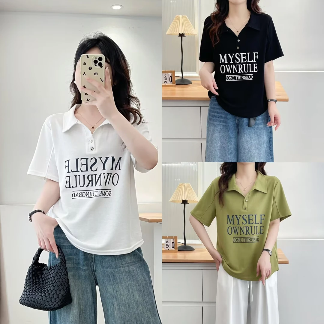 大码胖mm洋气显瘦字母印花翻领T恤女夏季新款设计感宽松休闲上衣