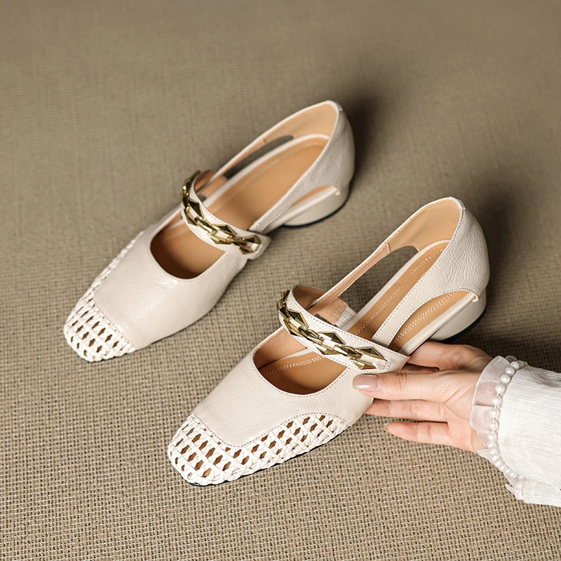 羊皮3公分/春夏款编织镂空浅口玛丽珍女鞋铆钉时尚低跟软底凉鞋