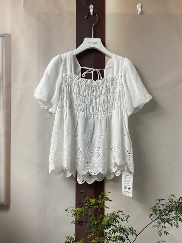 麦寻夏季蕾丝衫法式方领小衫xssfq005