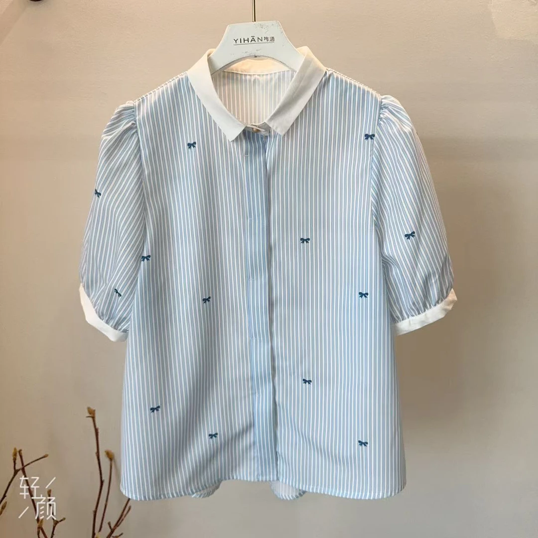504152 2025新款蝴蝶结竖条纹撞色小翻领短袖衬衫