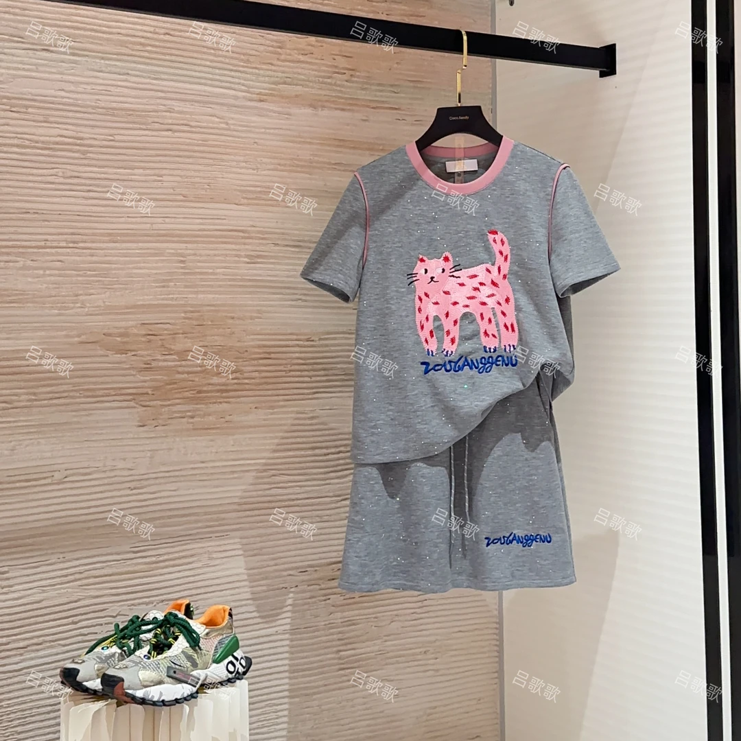 【宠粉价】刺绣粉色小猫短袖套装裙两件套连衣裙裤JC-A3711