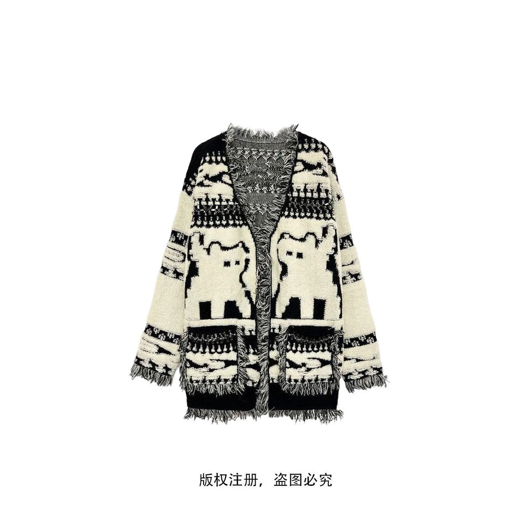 【L专属051】黑色毛边针织开衫毛衣女法式欧货手工上衣外套25010212