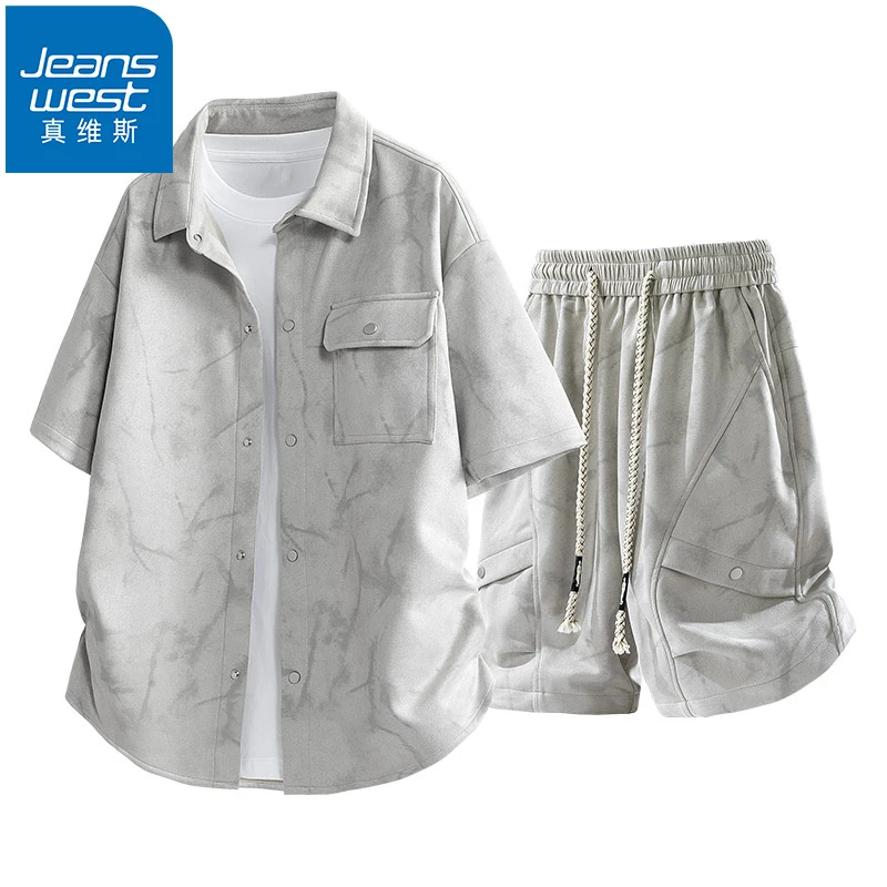 Jeanswest/真维斯扎染休闲运动套装男款薄款五分短裤透气短袖衬衫