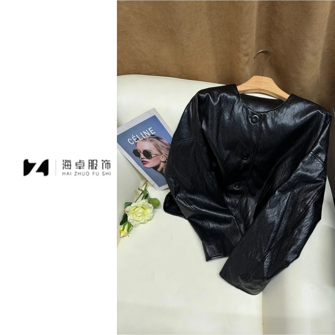 2025新款高级感简约时尚气质百搭圆领pu皮外套女25023