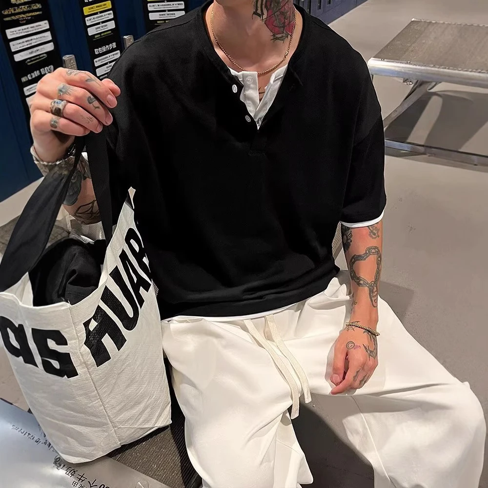 日系潮流百搭休闲纽扣纯色T恤上衣宽松男韩版修身舒适简约V领半袖