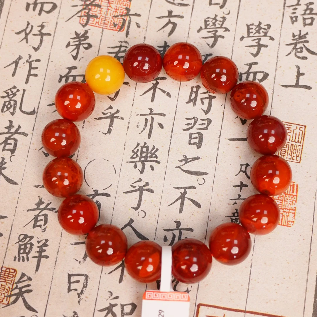 孤品 精品 南红 玛瑙 火焰纹 圆珠手串 蜜蜡顶珠 14mmSNH10029