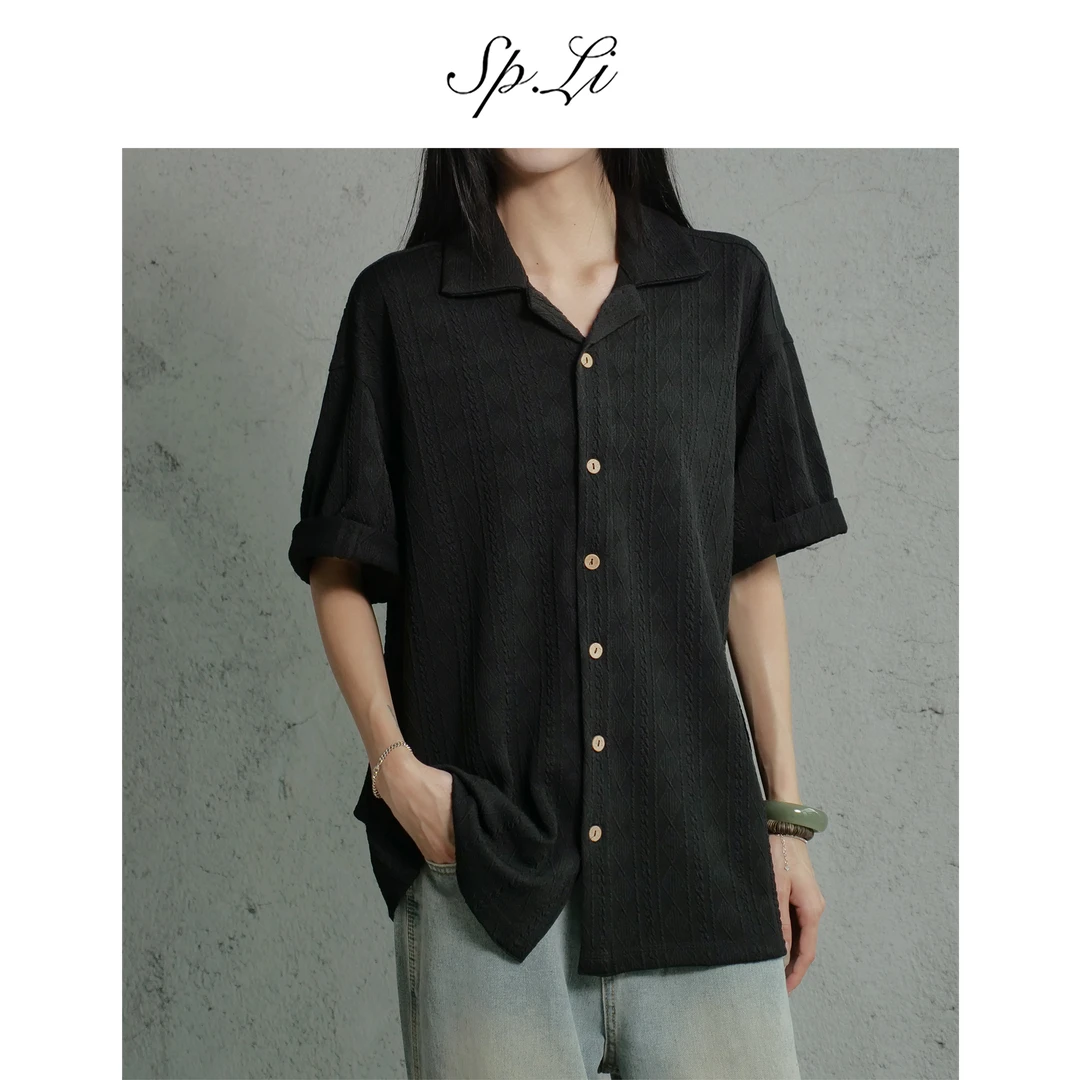 SPLi【三本针】‘提花古巴领’针织翻领衬衫男夏季复古休闲纯色衬衣潮