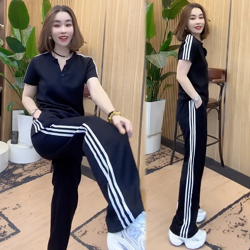 2025春夏季新款时尚显瘦网红高档女百搭休闲宽松大码短袖两件套潮