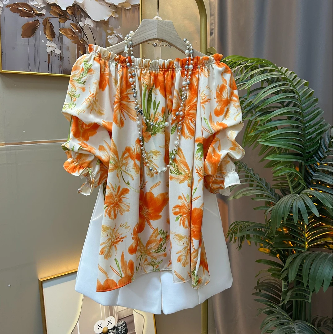 夏日渡假印花圆领一字肩衬衫上衣度假风气质衬衣夏季宽松设计感