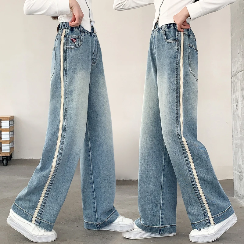 女童牛仔裤秋装2025新款儿童女孩直筒长裤春秋女大童宽松阔腿裤子