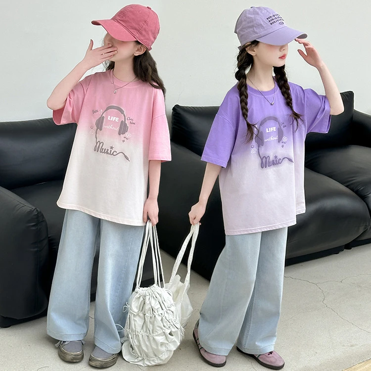 女童 2025夏季中大童学生洋气休闲百搭女孩耳机吊染T恤直筒裤套装