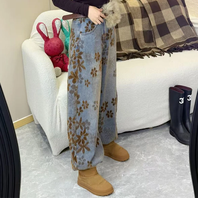 3652冬季新款加厚金丝绒高腰牛仔裤阔腿裤百搭时尚设计感女裤T