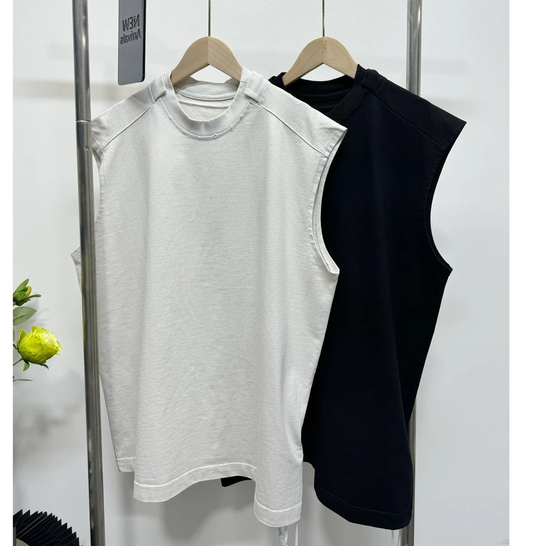 6623夏季重磅背心小众假两件潮牌纯棉纯色磨破风男女同款