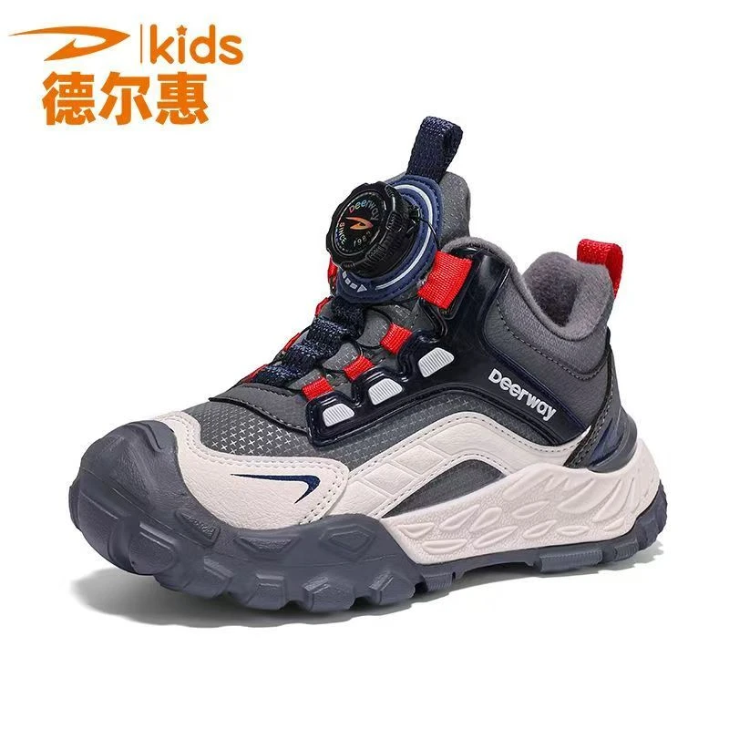 德尔惠新品皮面加绒防水男女童鞋28-39休闲运动鞋3022