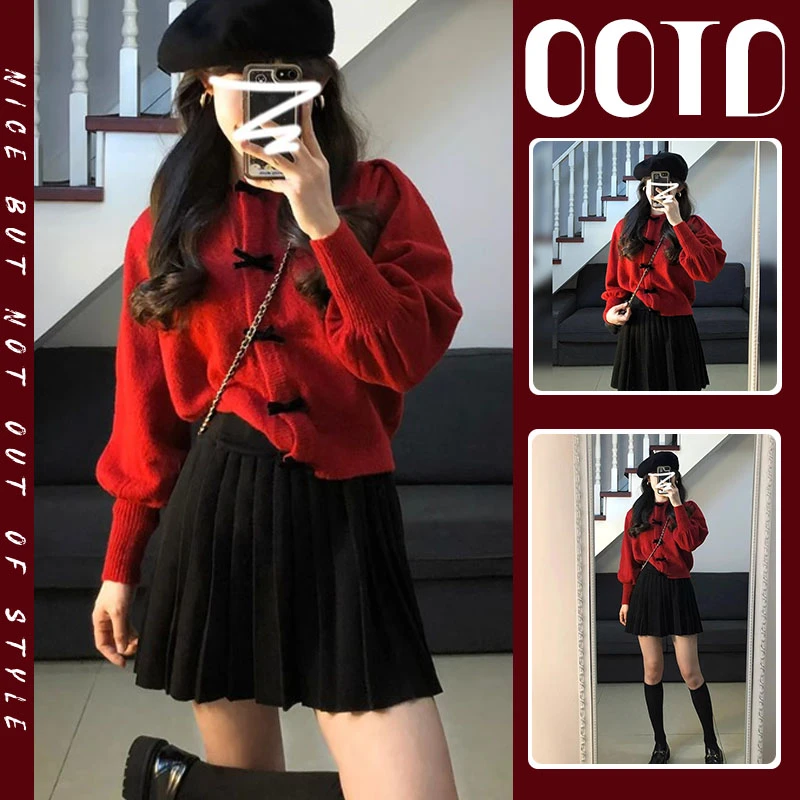 过年穿搭一整套女2025新款新年减龄蝴蝶结灯笼袖针织百褶裙两件套