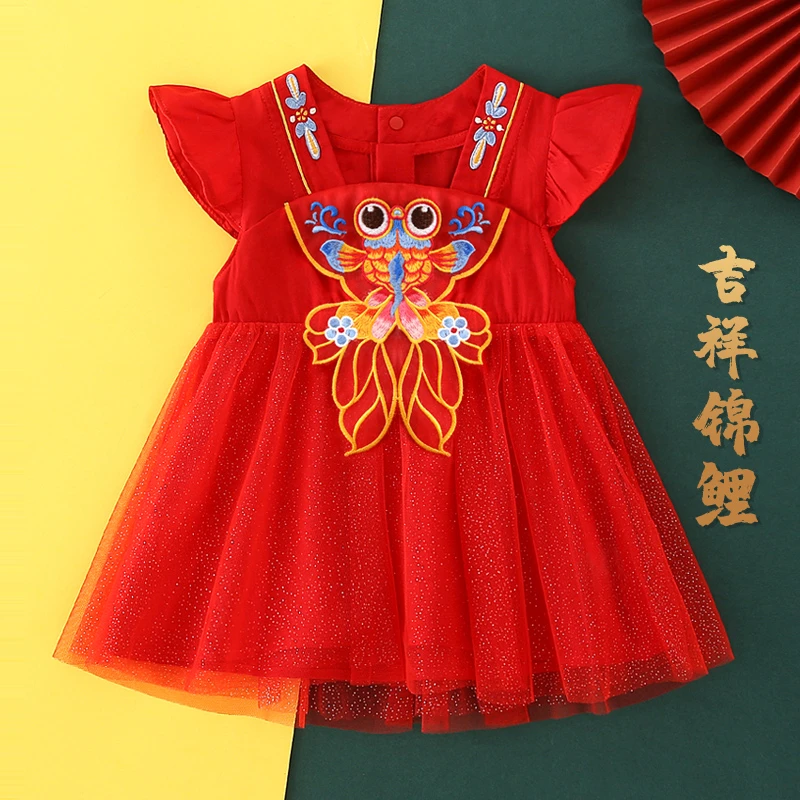 夏季女童裙子中国风短袖连衣裙网纱裙国潮汉服裙红色6293