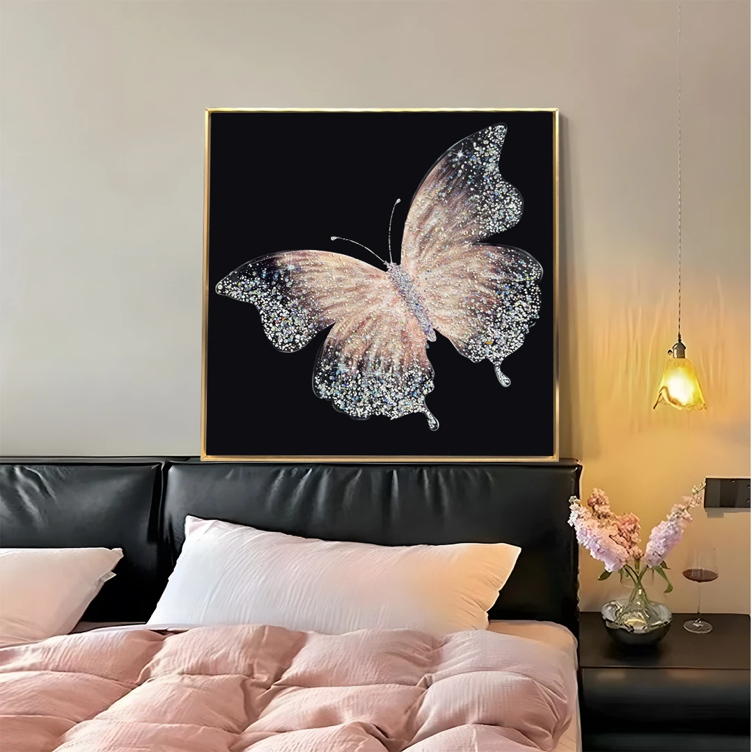 高级客厅镶钻装饰画法式中古风小众艺术壁画卧室创意挂画蝴蝶6060