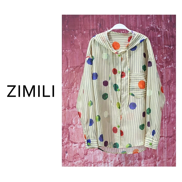 【子秋女装】2025轻薄透气冰凉感淡黄圆点条纹连帽防晒衬衫7995