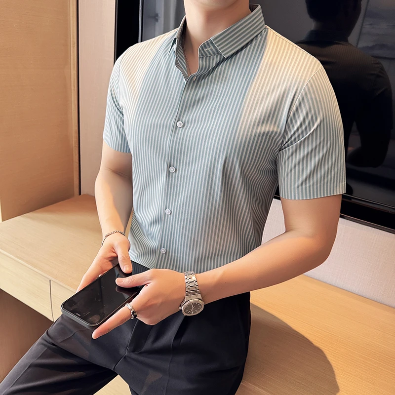 2025夏季男士短袖衬衫衬衣男士条纹痞帅潮流修身韩版商务衬衫短袖
