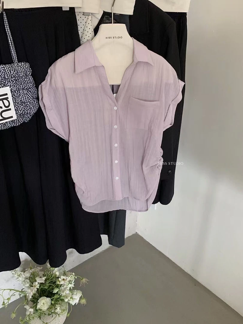 密思@33171 韩系简约V领腰侧抽褶设计短袖衬衫 6-12