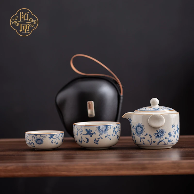 陌堙米黄汝窑青花系快客杯轻奢便捷式防烫手抓壶一壶二杯旅行茶具