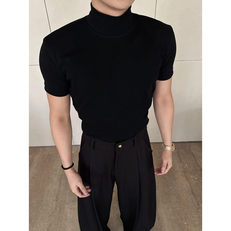 【重磅320g】男士半高圆领正肩时尚贴身健身短袖纯色轻奢T恤打底衫