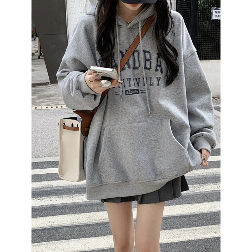 韩系灰色连帽加绒卫衣女美式休闲字母印花宽松中长款遮屁股上衣