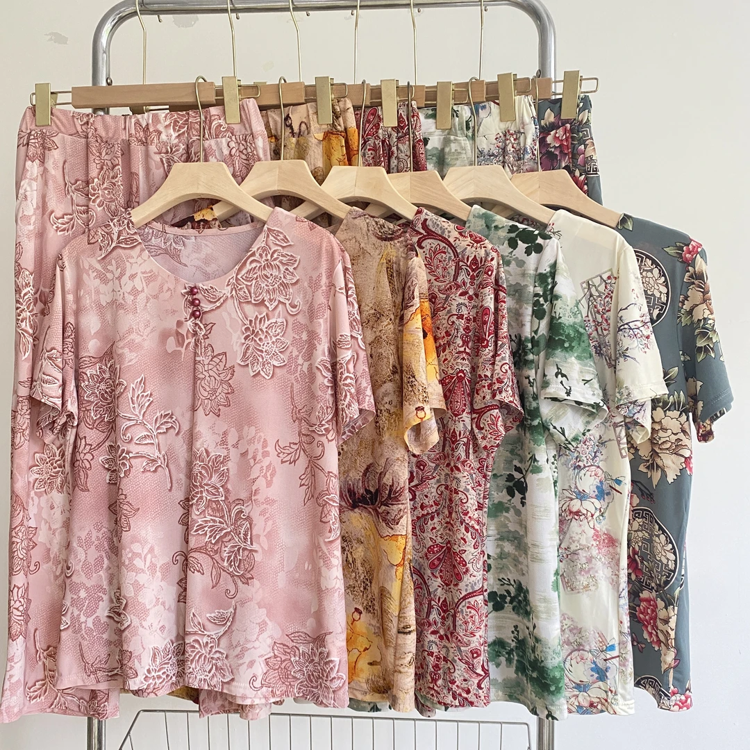 母亲节妈妈装 中老年套装 短袖九分裤 冰麻凉感 透气网眼气质