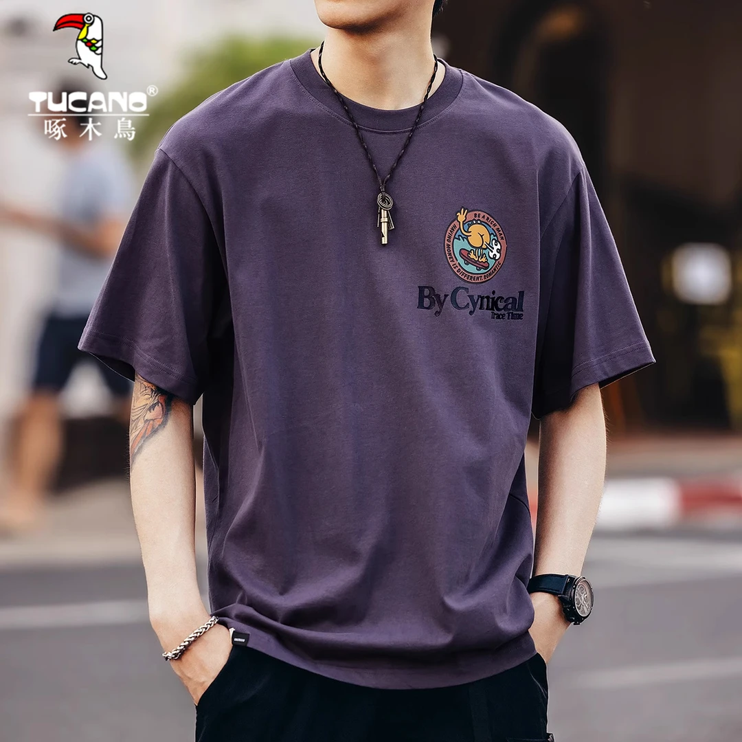 啄木鸟高端双纱平纹印花重磅短袖t恤男士夏季潮牌宽松紫色纯棉T恤