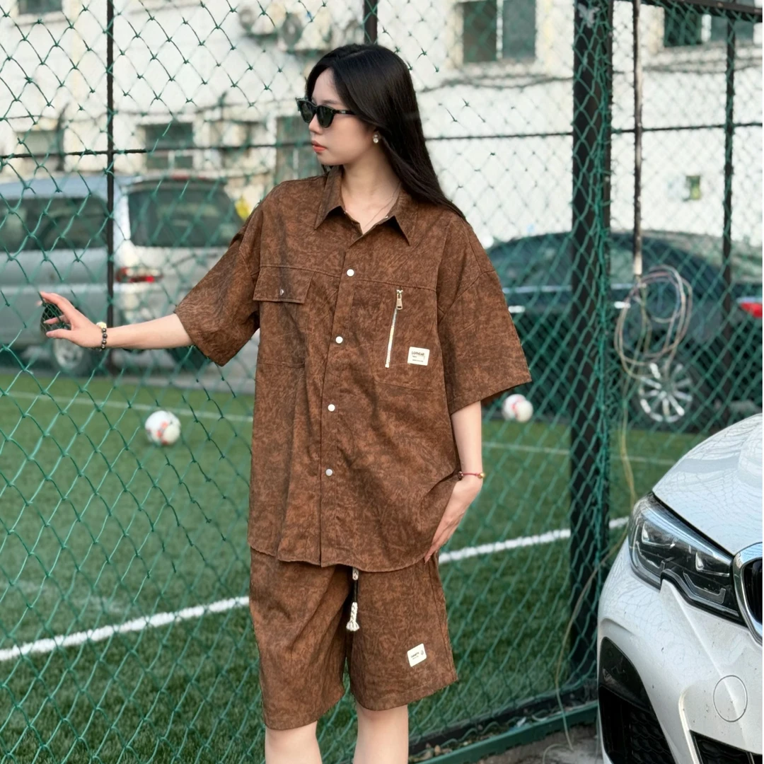 U11studios大码时尚扎染休闲美式潮流复古宽松短袖衬衫短裤两件套