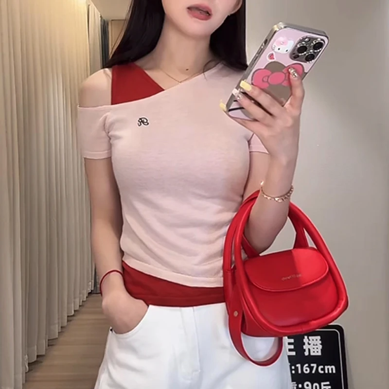 韩系纯欲叠穿假两件撞色斜肩短袖T恤女不规则修身显瘦针织衫上衣