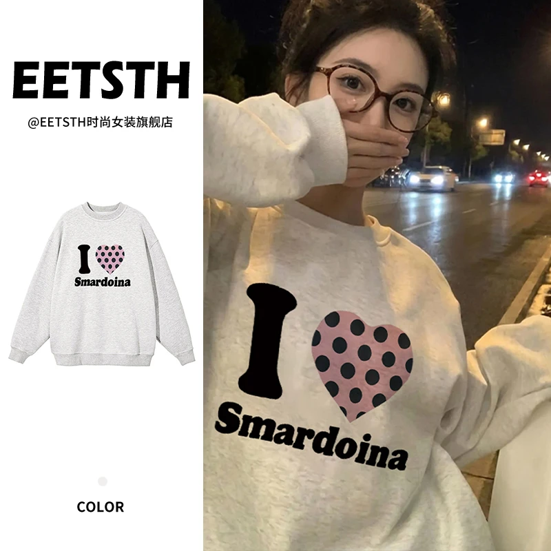 秋冬时尚爱心波点印花圆领卫衣女春秋新款慵懒宽松休闲长袖上衣潮