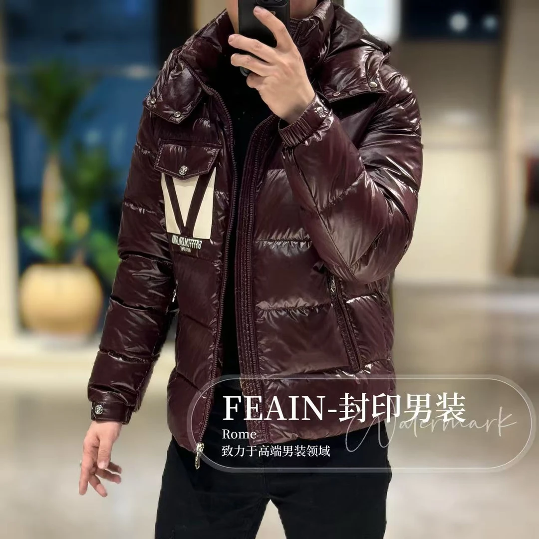 【真皮拼接】高端男士定制V标设计帽子可拆卸高充绒羽绒服89316