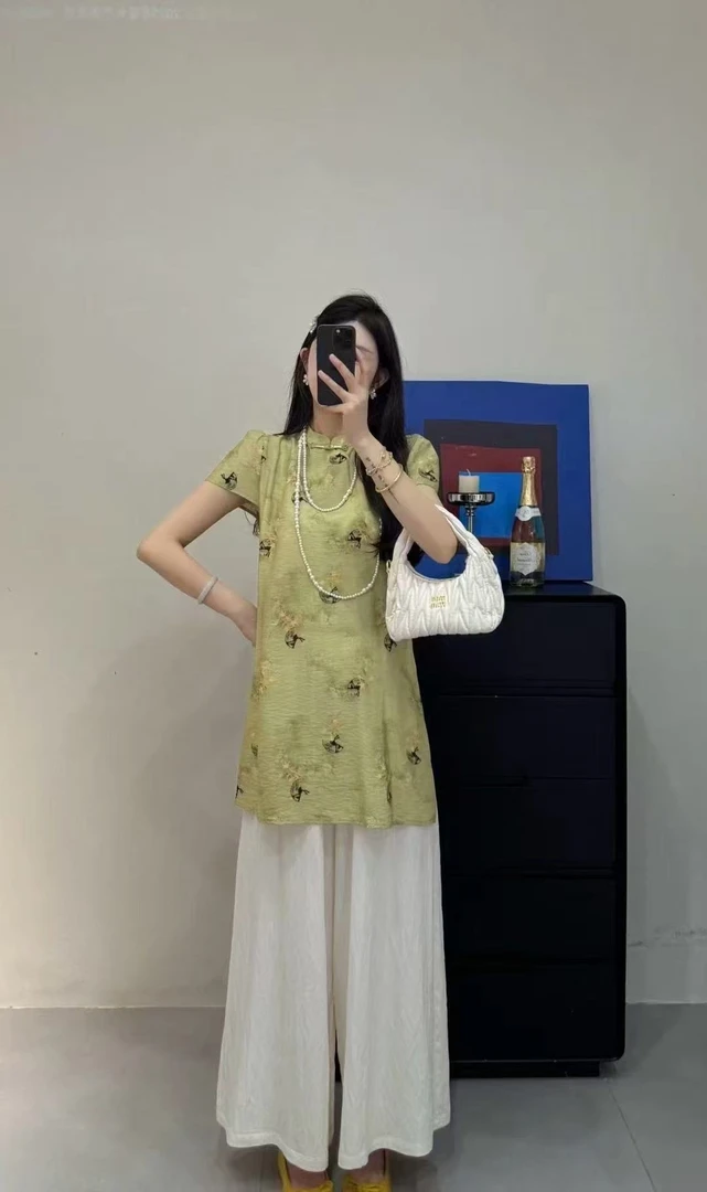 国风新中式旗袍款上衣阔腿裤套装