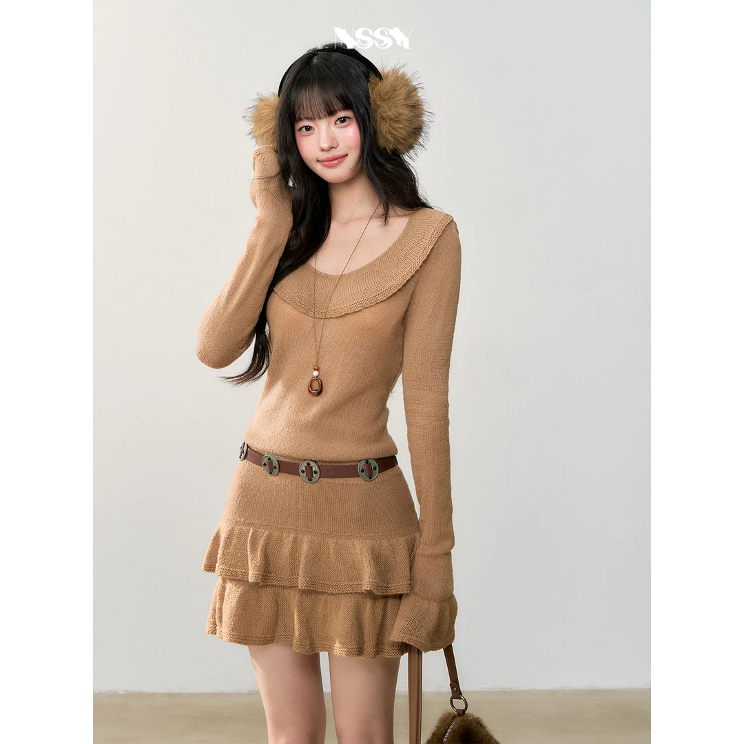 溺水三鱼【秋日恋歌】甜辣纯欲荷叶领蛋糕裙针织连衣裙秋季慵懒短裙