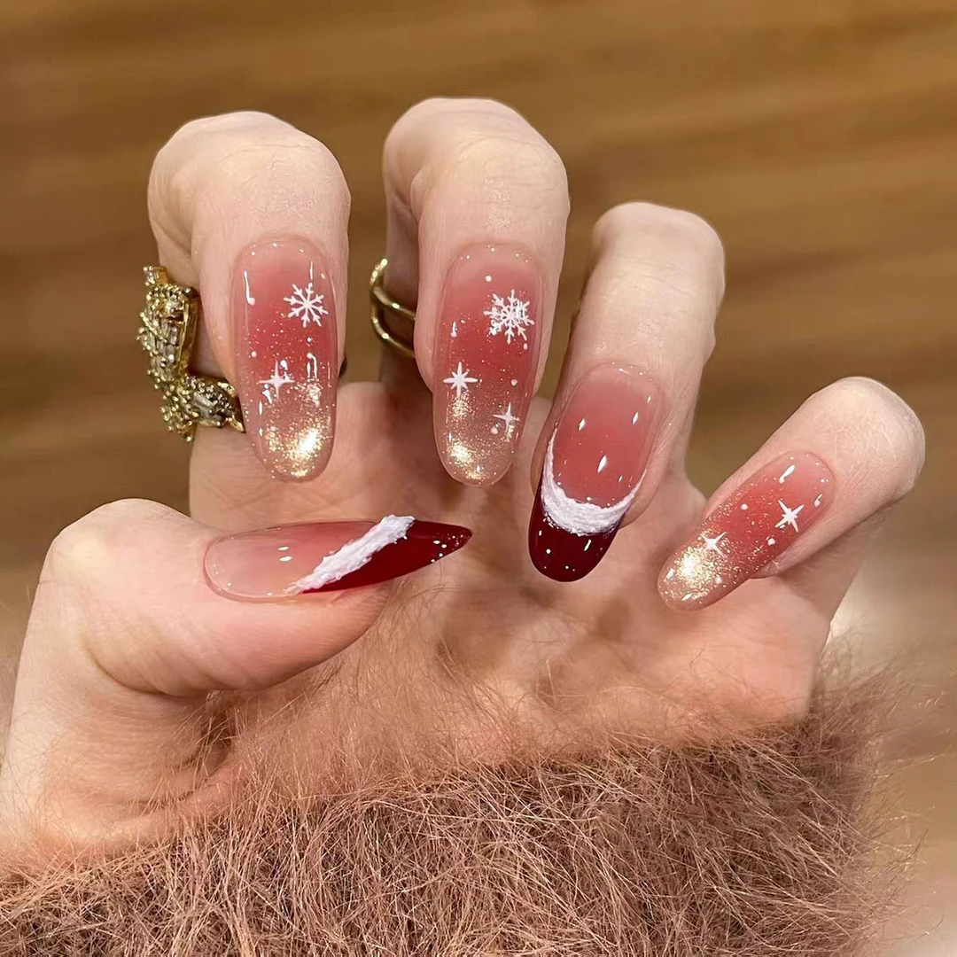 纯手工渐变穿戴美甲圣诞雪花气质猫眼车厘子红法式高级感显白美甲