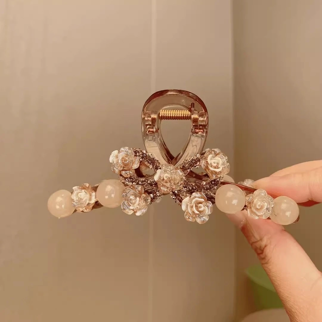 优雅气质山茶花抓夹大号发量多女后脑勺高端盘发鲨鱼夹发夹子1252