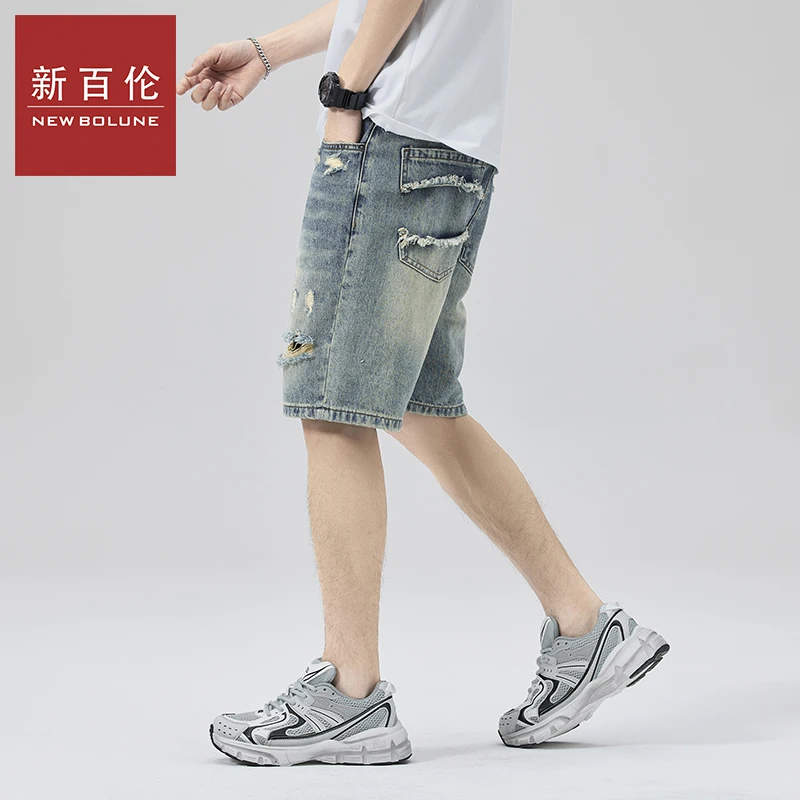 新百伦短裤夏季港风小清新凉感时尚直筒柔软舒适亲肤破洞牛仔短裤