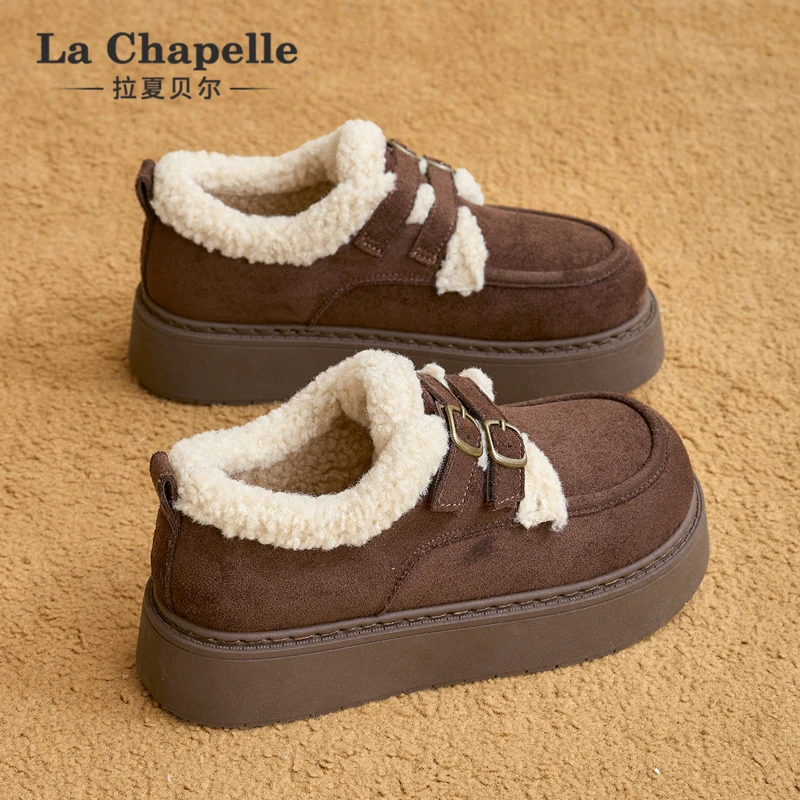 拉夏贝尔厚底棉鞋加绒雪地靴女鞋2025新款冬季勃肯鞋毛毛鞋乐福鞋