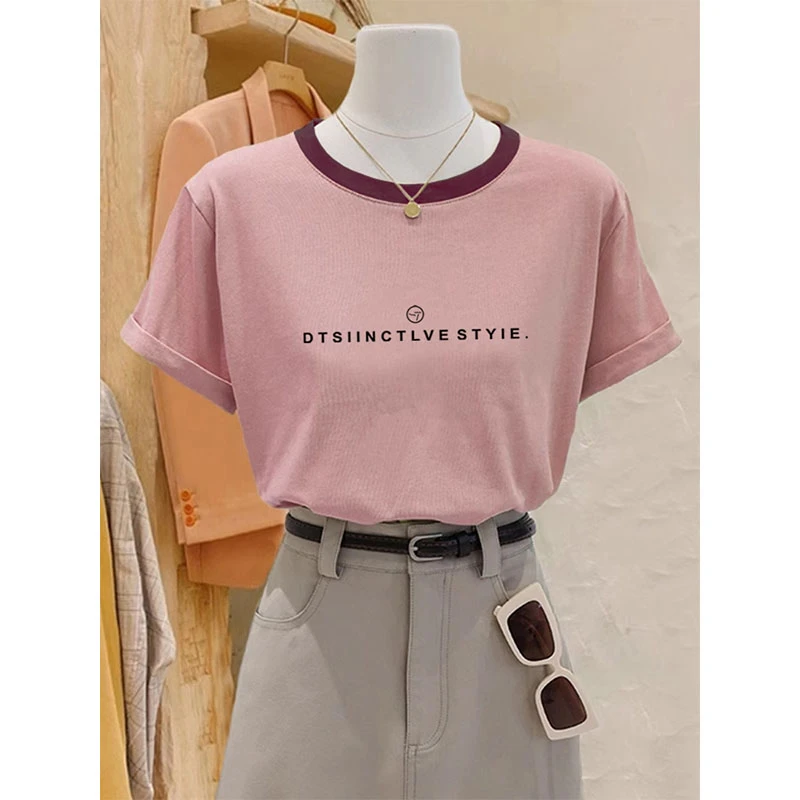 小众设计感正肩撞色圆领短袖t恤女2025新款时尚洋气显瘦上衣夏季