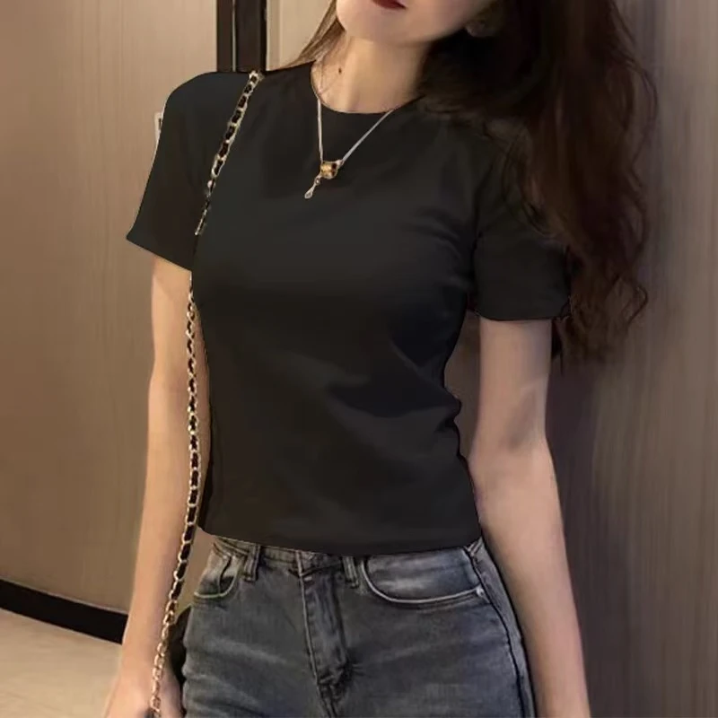 4420 夏季纯棉圆领短袖t恤女欧洲站宽松修身半袖上衣百搭体恤衫