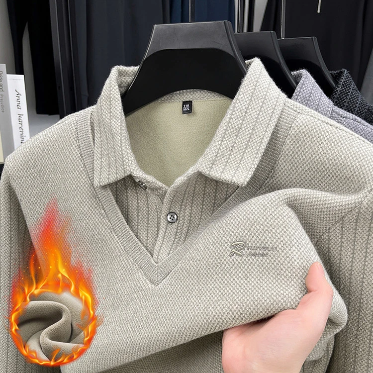 2025冬季假两件针织衫男士加绒加厚衬衫领毛衣男休闲高端打底上衣