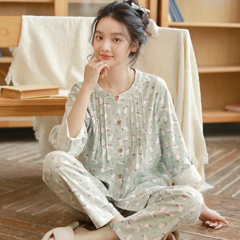 保暖秋冬季睡衣女纯棉磨毛卡通甜美印花可爱小狗女士家居服长袖套