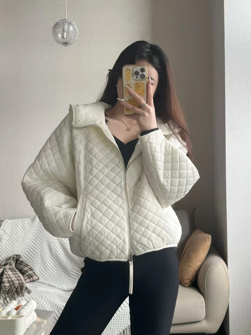 前短后长防风超轻休闲连帽菱形格拉链宽松显瘦百搭时尚棉衣外套