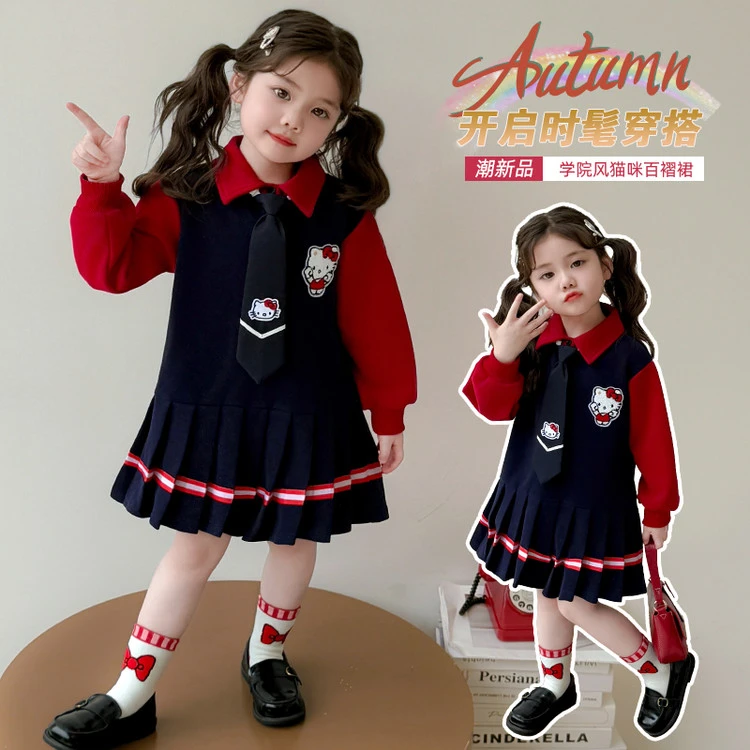 女童猫咪连衣裙2025新款儿童春秋装潮款学院风女宝宝秋季洋气裙子