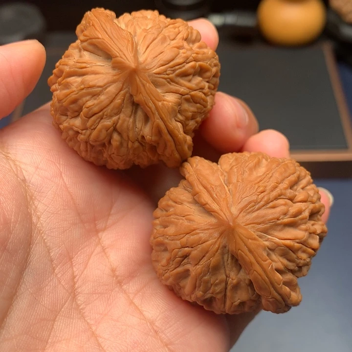 文玩核桃把件40球体红皮水龙纹有修