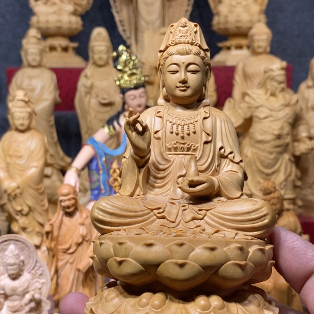 黄杨木辉**r小叶15公分高莲花观音摆件